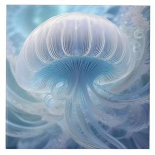 Pastel Blue Jellyfish Fractal Art Under The Sea, Ceramic Tile