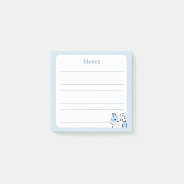 Pastel Blue Kawaii Chibi Kitty Cat Waving Hello  Post-it Notes (Front)