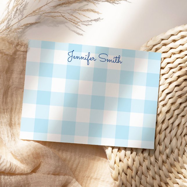 Pastel Blue Large Gingham Check Note Card (Cute personalize pastel blue gingham note card.)