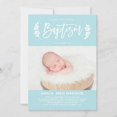 Pastel Blue Laurel Wreath Baby Boy Photo Baptism Invitation