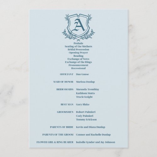 Pastel Blue Leaf and Floral Monogram Wedding Program