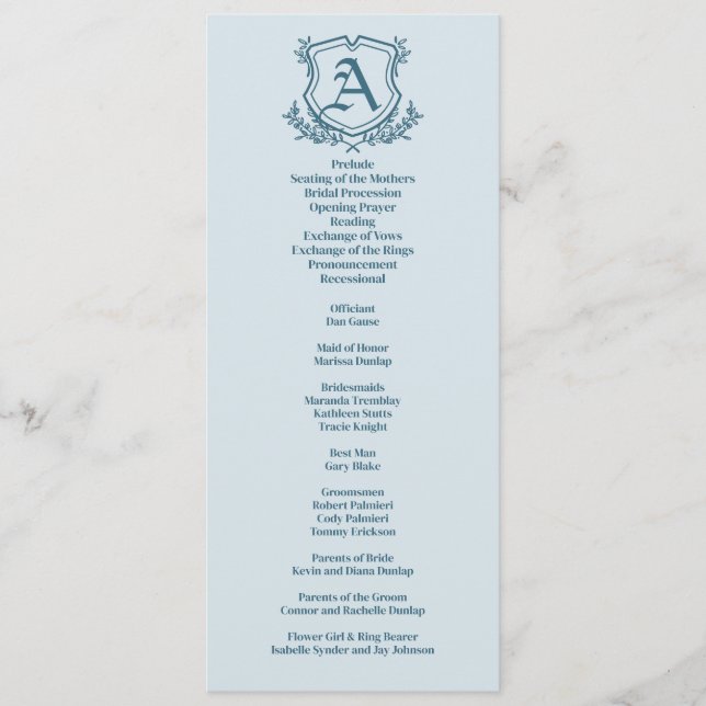 Pastel Blue Leaf and Floral Monogram Wedding Program (Front)