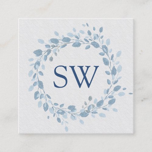 Pastel Blue Leaves Floral Monogram Wedding Planner Square Business Card