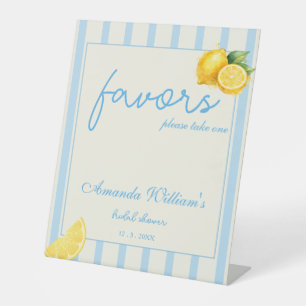Pastel Blue Lemon Stripes Bridal Shower Favors Pedestal Sign
