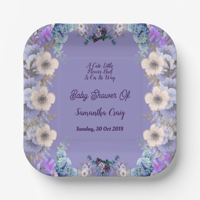 Pastel Blue Little Flower Bud Lilac Baby Shower  Paper Plates (Front)