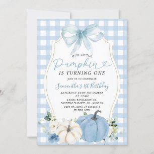 Pastel Blue Little Pumpkin Gingham 1st Birthday Invitation