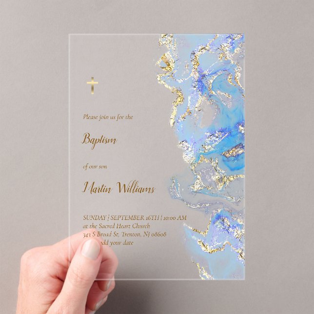 pastel blue marble Baptism Acrylic Invitations (Insitu (Handheld))