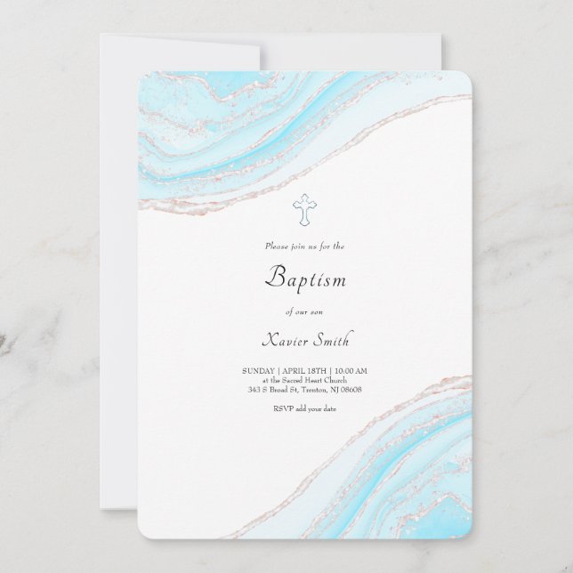 pastel blue marble  Baptism baby boy Invitation (Front)