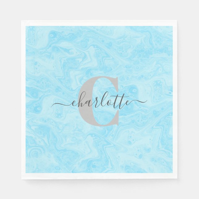 Pastel Blue Marble Custom Monogrammed Name  Napkins (Front)