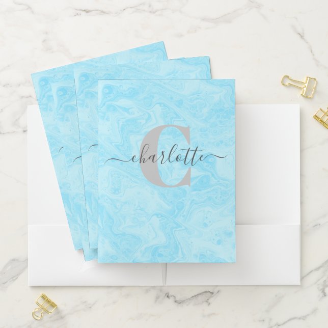Pastel Blue Marble Custom Monogrammed Name Pocket Folder (In Situ)