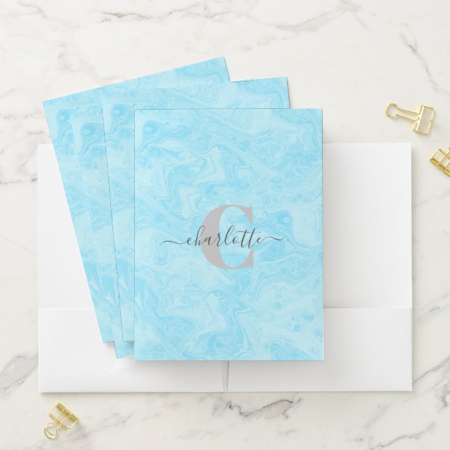 Pastel Blue Marble Custom Monogrammed Name   Pocket Folder (In Situ)