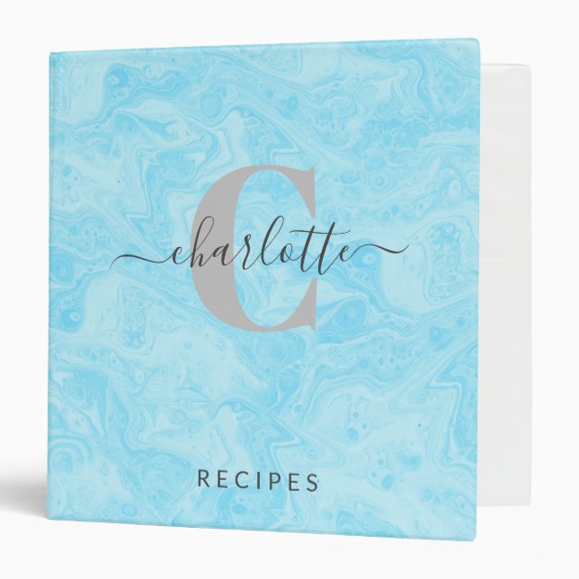 Pastel Blue Marble Custom Monogrammed Recipe 3 Ring Binder (Front/Inside)
