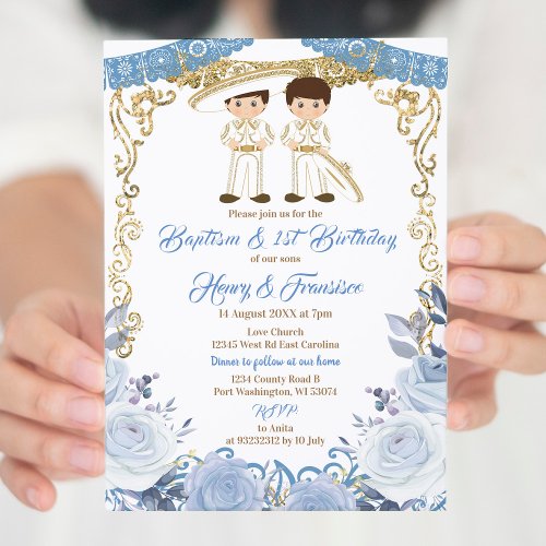 Pastel Blue Mexican Twin Baptism and 1st Birthday Invitation