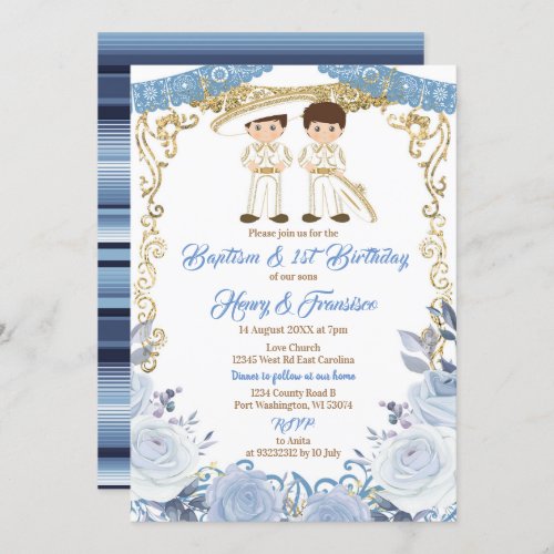 Pastel Blue Mexican Twin Baptism and 1st Birthday Invitation