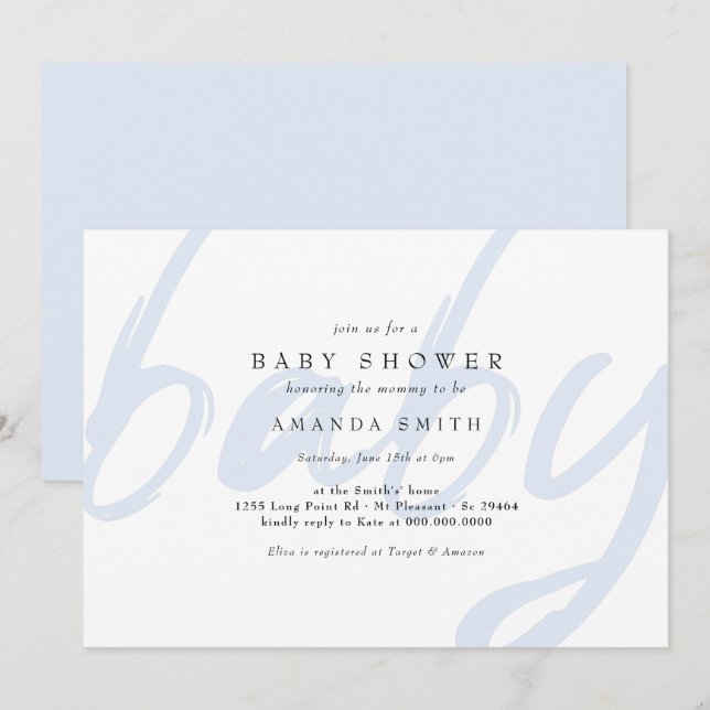 Pastel Blue Minimal Modern Baby Boy Shower Invitation (Front/Back)
