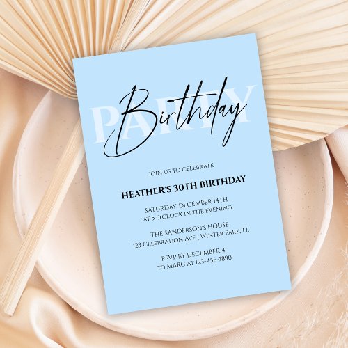 Pastel Blue Modern  Elegant Girly Birthday Party Invitation