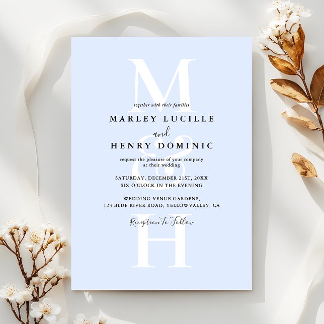 Pastel Blue Modern Monogram Overlay Wedding Invitation (Creator Uploaded)