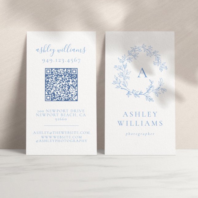 Pastel Blue Monogram QR Code Floral Crest  Business Card (Creator Uploaded)