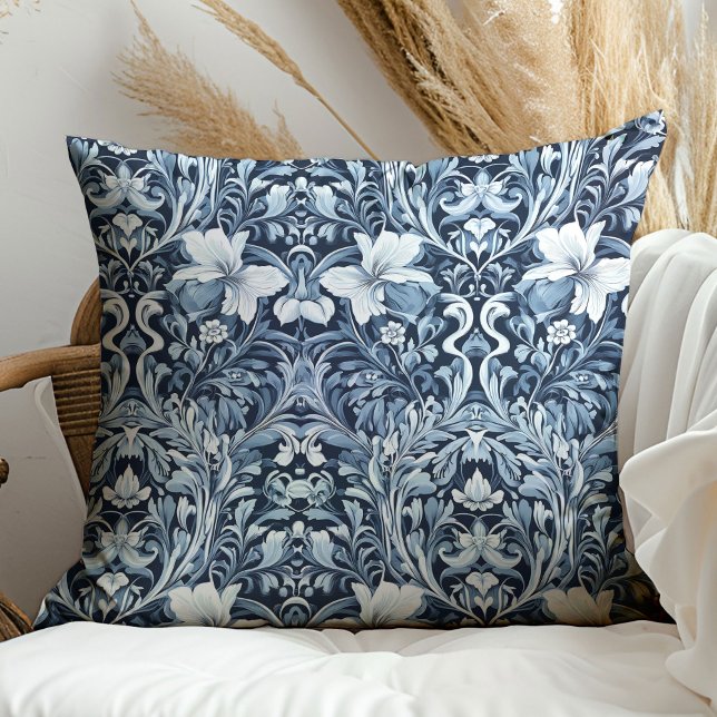 Pastel blue navy floral Art nouveau William Morris Throw Pillow (Pastel blue navy floral Art nouveau William Morris Throw Pillow)