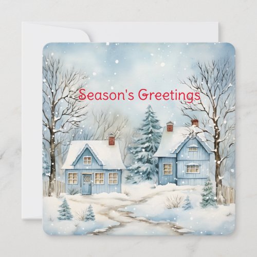Pastel Blue Old Fashioned Cottages In the Winter Holiday Card