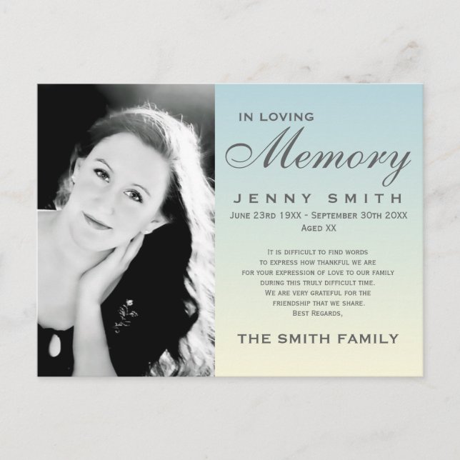 Pastel Blue Ombré Memorial Family Acknowledgment Postcard (Front)