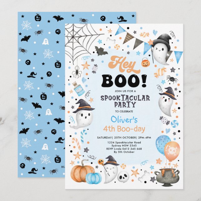 Pastel Blue Orange Halloween Ghost Boy Birthday In Invitation (Front/Back)