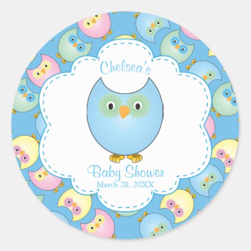 Pastel Blue Owl  Baby Boy Shower Theme Classic Round Sticker
