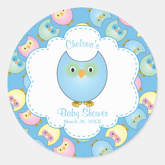 Pastel Blue Owl Baby Boy Shower Theme Classic Round Sticker