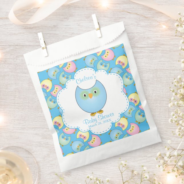 Pastel Blue Owl Baby Boy Shower Theme Favor Bag (Clipped)