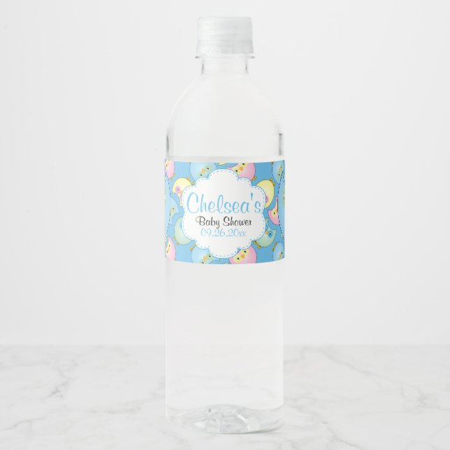 Pastel Blue Owl Baby Boy Shower Theme Water Bottle Label (Front)