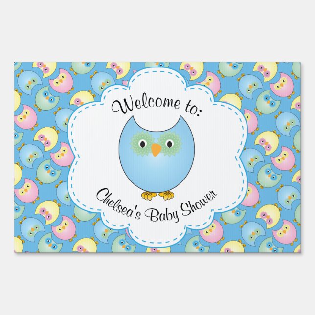 Pastel Blue Owl Baby Boy Shower Theme Yard Sign (Front)