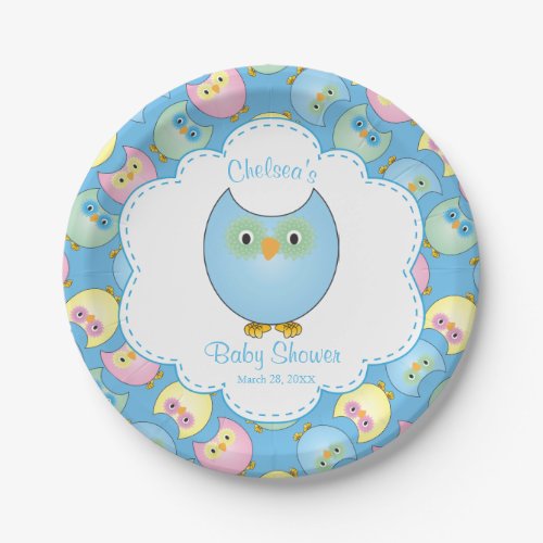 Pastel Blue Owl Baby Shower Theme Paper Plates