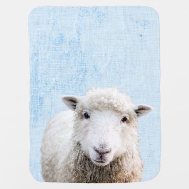 Pastel Blue Peekaboo Sheep Minimalist Nursery Baby Blanket (Front)