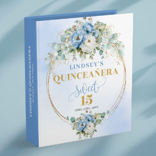 Pastel blue peony greenery gold 15th Birthday Memo 3 Ring Binder