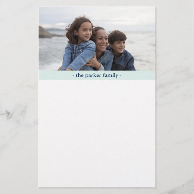 Pastel Blue Personalized Family Photo Stationery (Front)