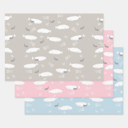Pastel Blue Pink And Grey Beluga Baby Whale Design Wrapping Paper Sheets