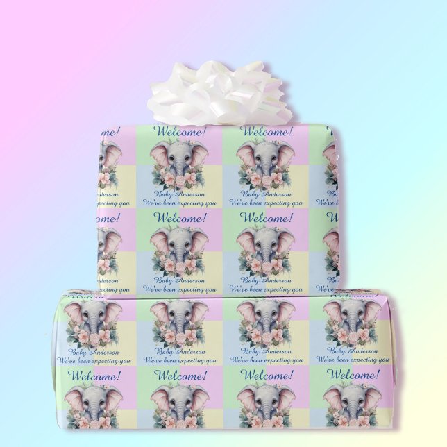 Pastel Blue Pink Baby Shower Add Name Elephant Wrapping Paper (Creator Uploaded)