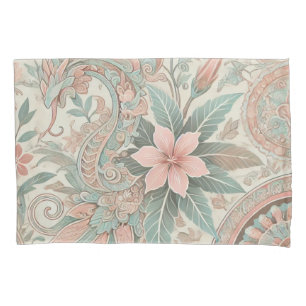 Pastel Blue Pink Boho Indonesian Batik Floral Pillow Case