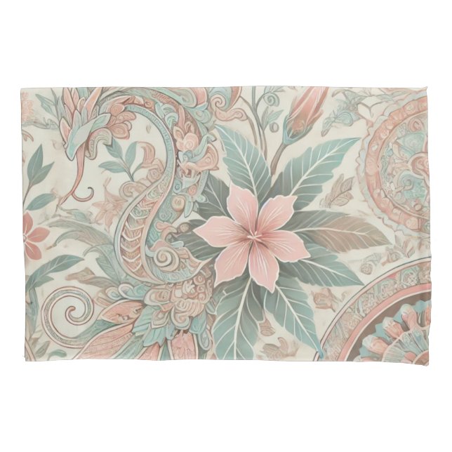 Pastel Blue Pink Boho Indonesian Batik Floral Pillow Case (Front)