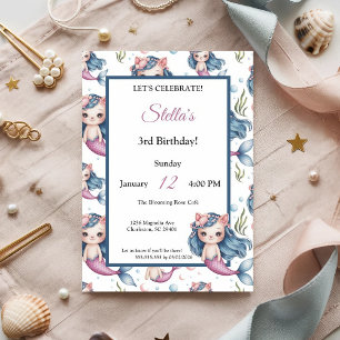 Pastel Blue Pink Cat Mermaid Girl Birthday Party Invitation