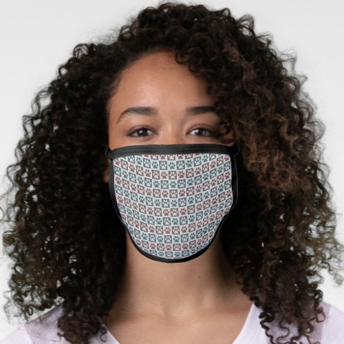 Pastel Blue Pink Checkered Dog Paw Print Pattern  Face Mask