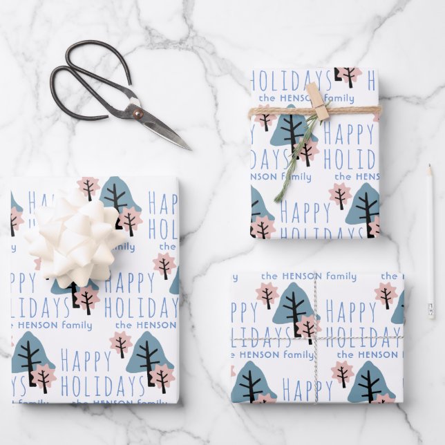 Pastel Blue Pink Cookie Bell Star Trees Christmas Wrapping Paper Sheets (Front)