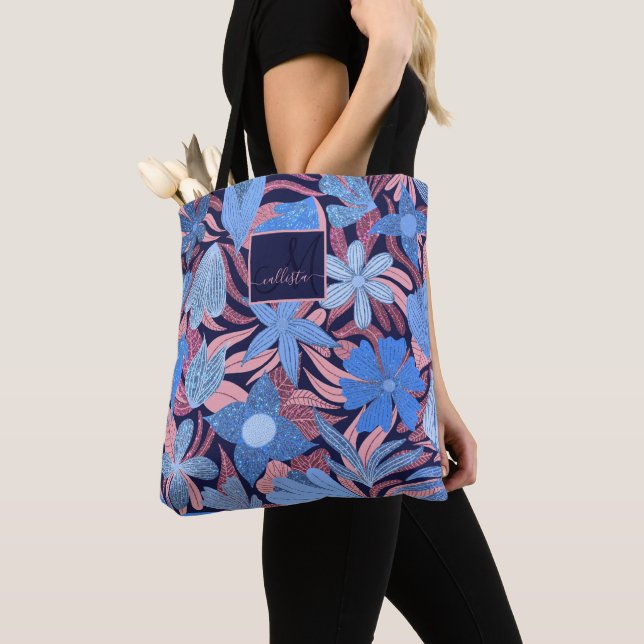 Pastel Blue Pink Floral Leaves Glitter Monogram Tote Bag (Close Up)