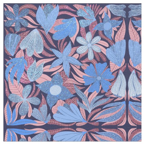 Pastel Blue Pink Floral Leaves Glitter Pattern Fabric