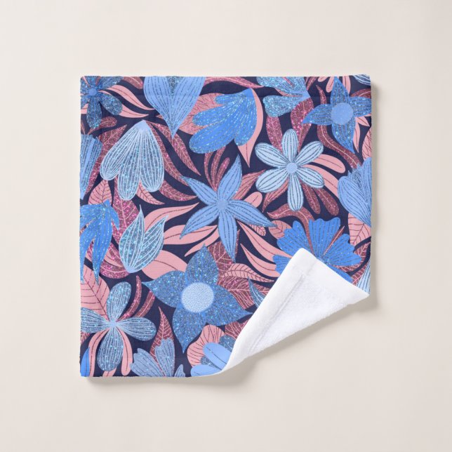 Pastel Blue Pink Floral Leaves Glitter Pattern Wash Cloth (Wash Cloth)