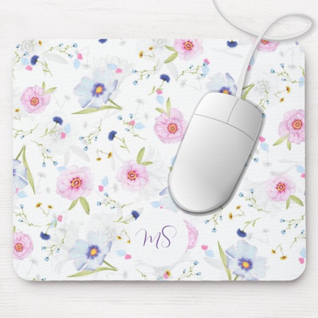 Pastel Blue & Pink Flowers Personalized Mouse Pad (Creator Uploaded)