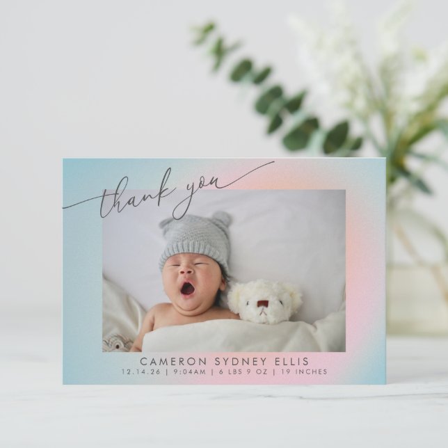 Pastel Blue Pink Gradient Script Baby Birth Photo Thank You Card (Standing Front)