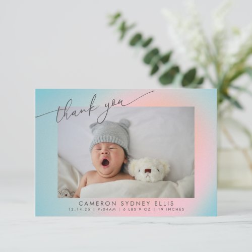 Pastel Blue Pink Gradient Script Baby Birth Photo Thank You Card