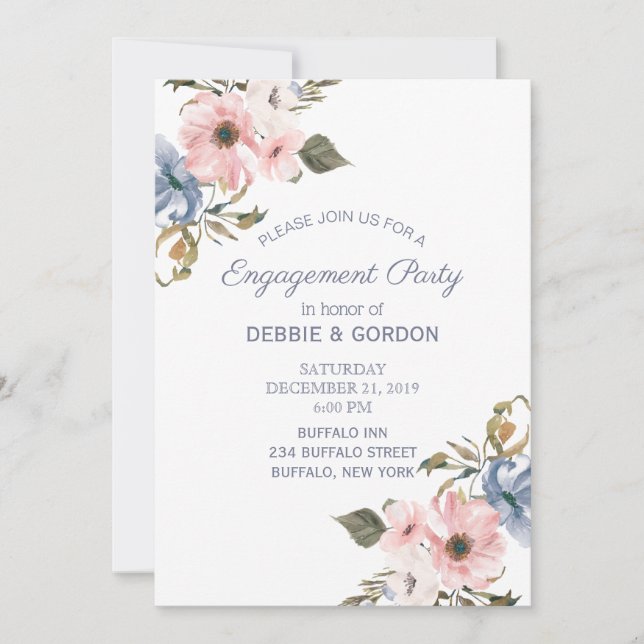 Pastel Blue Pink Purple Flower Wedding Engagement Invitation (Front)