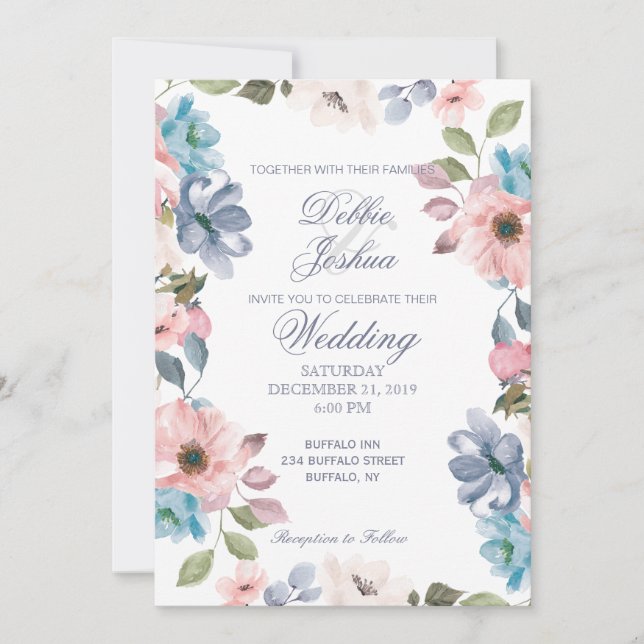 Pastel Blue Pink Purple Flower Wedding Invitation (Front)
